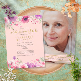 Firande i Life  Rosa Guld Blommigt Photo Inbjudningar