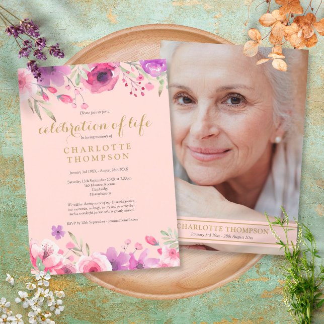 Firande i Life  Rosa Guld Blommigt Photo Inbjudningar (Skapare uppladdad)