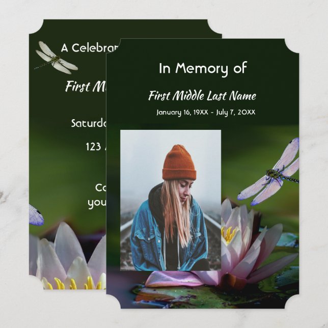 Firande i Life Service Dragonfly Lotus Flower Inbjudningar (Fram/baksida)