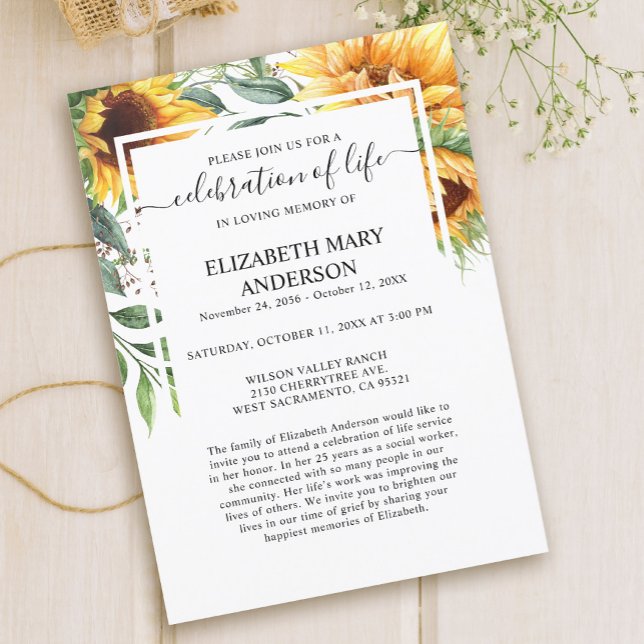 Firande i livets begravningssolrosa inbjudningar (Skapare uppladdad)