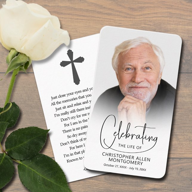 Firande i livets fotopapperkort visitkort (Celebration of Life photo prayer card bookmark with a cross and poem on the back (can be changed))