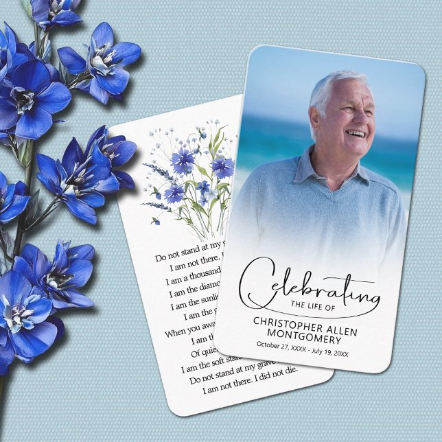 Firande i livets fotopapperkort visitkort (Celebration of life photo prayer cards, blue flowers on the back with a poem or prayer 3.5" x 2")