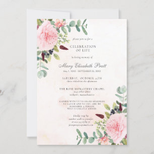 Firande Life Rosa Peony Eucalyptus Funeral Inbjudningar
