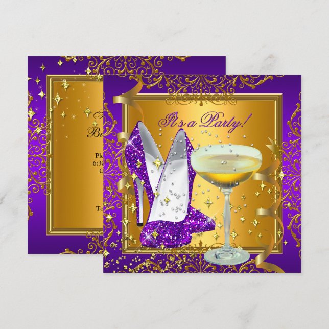 Firande Lila Champagne Royal Guld Fest Inbjudningar (Fram/baksida)