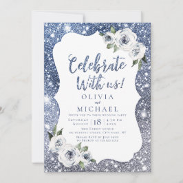 Firande med oss! Gnistrande blå glitter och blommo Inbjudningar