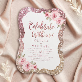 Firande med oss! Gnistrande roséguld och blommor Inbjudningar