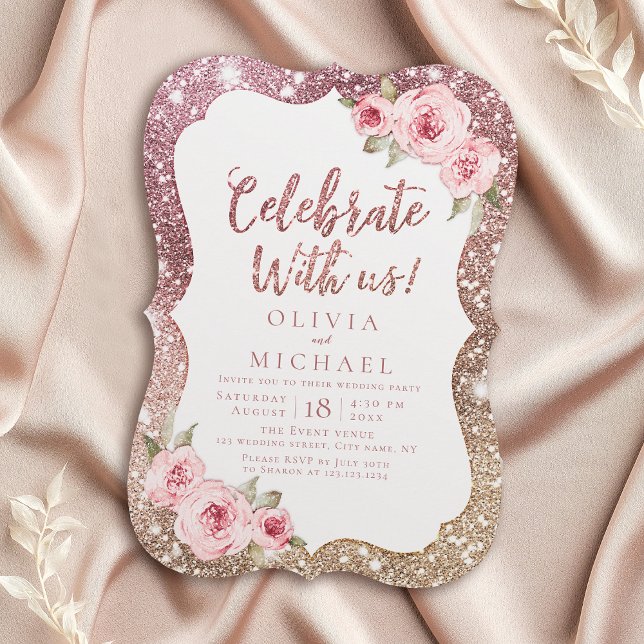 Firande med oss! Gnistrande roséguld och blommor Inbjudningar (Celebrate With Us! Sparkle rose gold and floral Invitation)
