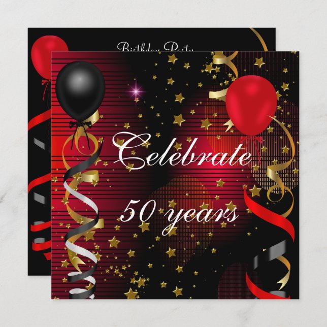 Firar 50 50:e Födelsedagsfestens svarta röda stjär Inbjudningar (Fram/baksida)