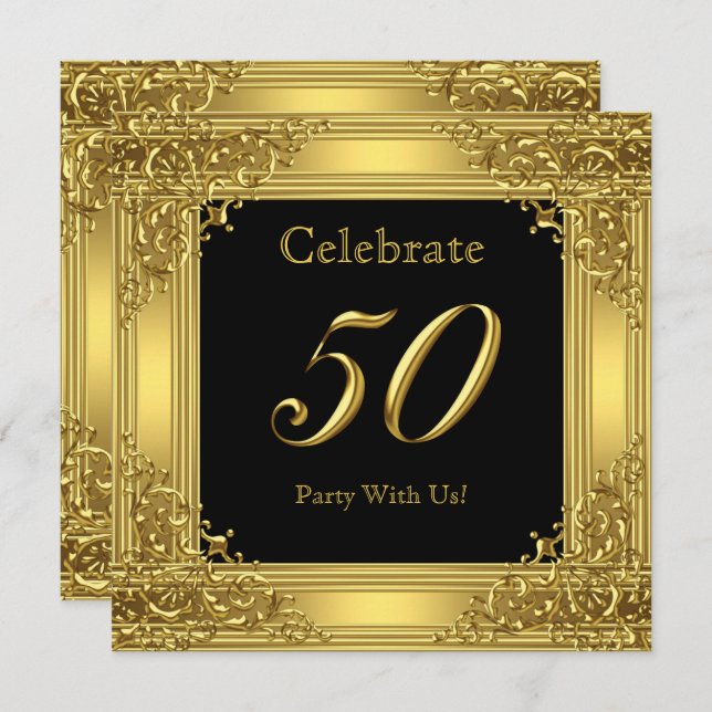Firar 50:e Födelsedagsfesten Guld Golden 50 Black Inbjudningar (Fram/baksida)