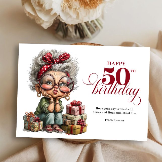Firar 50 rolig födelsedagsgratulationskort för dam inbjudningar (Celebrating 50 funny lady birthday greeting card)