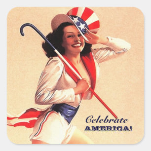 Firar Amerika! 4:e juli Retro Pin-up Fyrkantigt Klistermärke