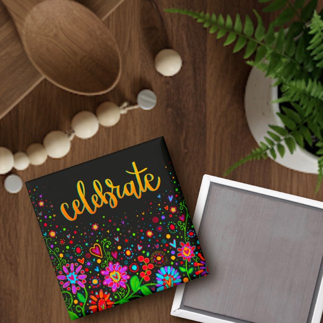 Firar Colorful Flowers Black Trendig Inspiring Magnet (Skapare uppladdad)