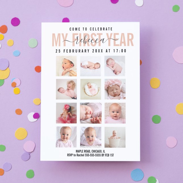 Firar Flicka första året 12 fotokollage Inbjudningar (Skapare uppladdad)