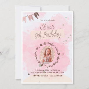Firar i Stil! Rosa Watercolor Cute 9th Birt Inbjudningar