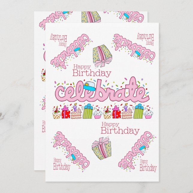 Firar inbjudan till Rosa Grattis på födelsedagen (Fram/baksida)