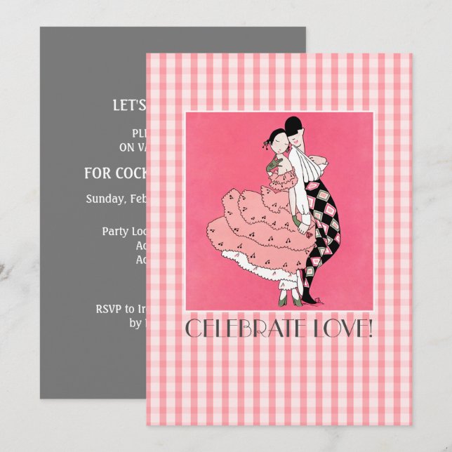 Firar Kärlek! Art Deco Valentindagen Party Inbjudningar (Fram/baksida)