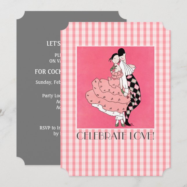 Firar Kärlek! Art Deco Valentindagen Party Inbjudningar (Fram/baksida)