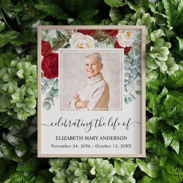 Firar Life Photo Red Vit ros Memorial Fototryck (Red and white rose eucalyptus watercolor celebration of life photo funeral poster.)