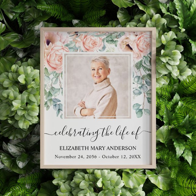 Firar Life Photo  Rosa Peony Memorial Fototryck (Blush pink floral watercolor celebration of life poster with a photo of your loved one.)