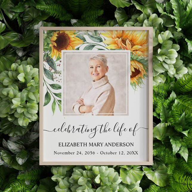 Firar livets solrosminnen fototryck (Sunflower floral watercolor celebration of life poster with a photo of your loved one.)