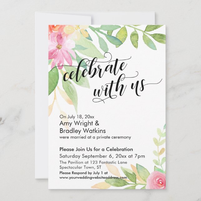 Firar med amerikanska Calligraphy Watercolor Flowe Inbjudningar (Framsida)