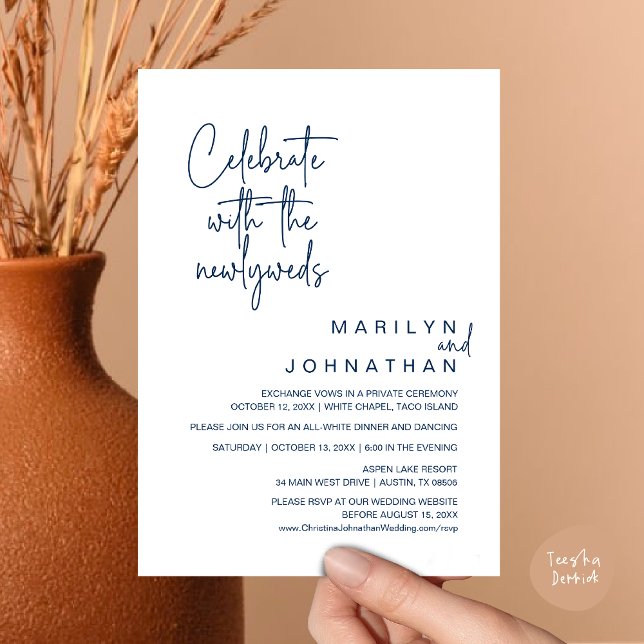Firar med Newlyweds, Bröllop Elopement Inbjudningar (Celebrate With The Newlyweds, Wedding Invitation Card PDF Dinner Party Lunch Brunch Navy Blue)