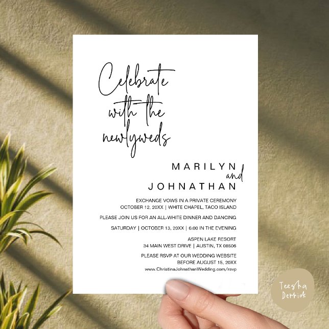 Firar med Newlyweds, Bröllop Elopement Inbjudningar (Celebrate With The Newlyweds, Wedding Invitation Card PDF Dinner Party Lunch Brunch Black White)