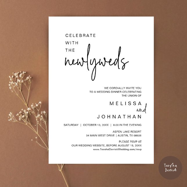 Firar med Newlyweds, Bröllop middag Inbjudningar (Celebrate With The Newlyweds, Wedding Dinner Dancing Invitation Card, PDF, in Black and White)