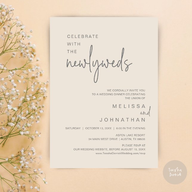 Firar med Newlyweds, Bröllop middag Inbjudningar (Celebrate With The Newlyweds, Wedding Dinner Dancing Invitation Card, PDF, in Cream and Dark Grey)