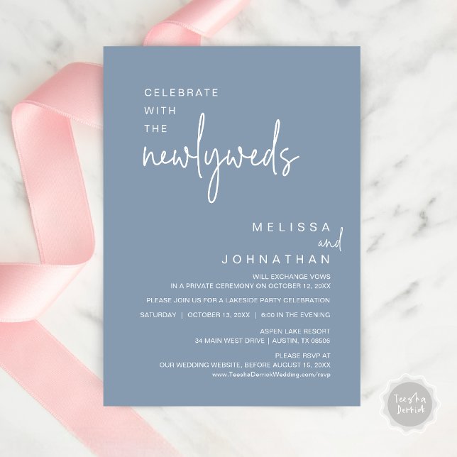 Firar med Newlyweds, Bröllop middag Inbjudningar (Celebrate with the newlyweds, Modern wedding elopement dinner invitation card, PDF, in dusty blue)