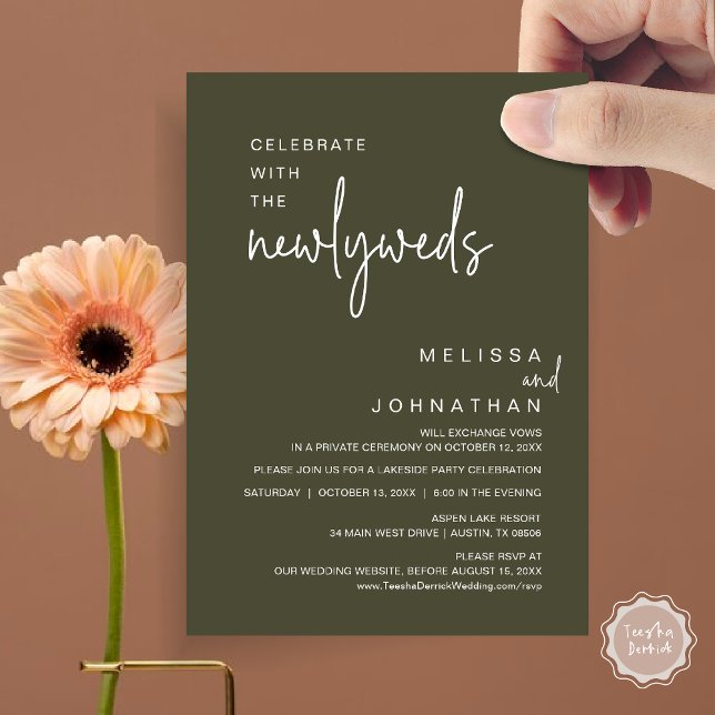 Firar med Newlyweds, Bröllop middag Inbjudningar (Celebrate with the newlyweds, Modern wedding elopement dinner invitation card, PDF, in olive green)