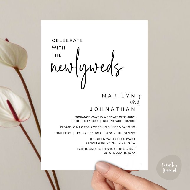 Firar med Newlyweds, Bröllop, Party Inbjudningar (Celebrate With The Newlyweds, Modern Clean Wedding Dinner Party Invitation Card PDF White Black)