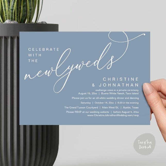 Firar med Newlyweds, Romantic Bröllop Inbjudningar (Celebrate with the Newlyweds, Modern Romantic Wedding Dinner Party Invitation Card PDF Dusty Blue)