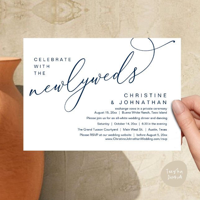 Firar med Newlyweds, Romantic Bröllop Inbjudningar (Celebrate with the Newlyweds, Modern Romantic Wedding Dinner Party Invitation Card PDF Navy Blue)