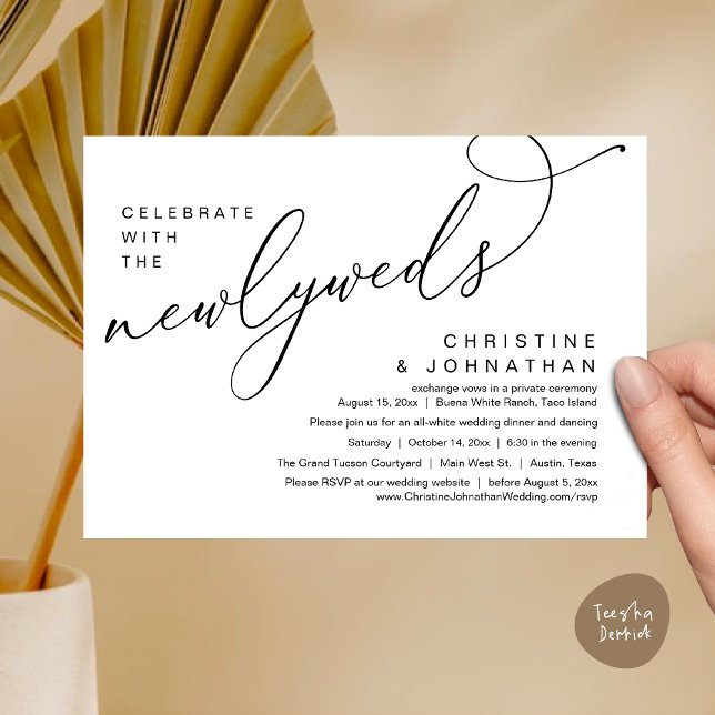 Firar med Newlyweds, Romantic Bröllop Inbjudningar (Celebrate with the Newlyweds, Modern Romantic Wedding Dinner Party Invitation Card PDF White Black)