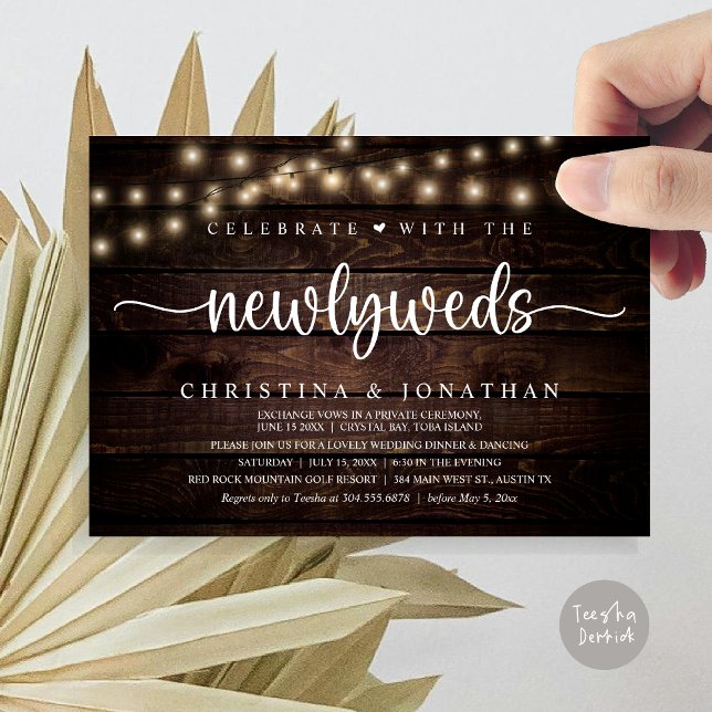 Firar med Newlyweds Rustic Bröllop middag Inbjudningar (Celebrate With The Newlyweds Rustic Wedding Dinner Invitation card, pdf, in cottage dark wood)