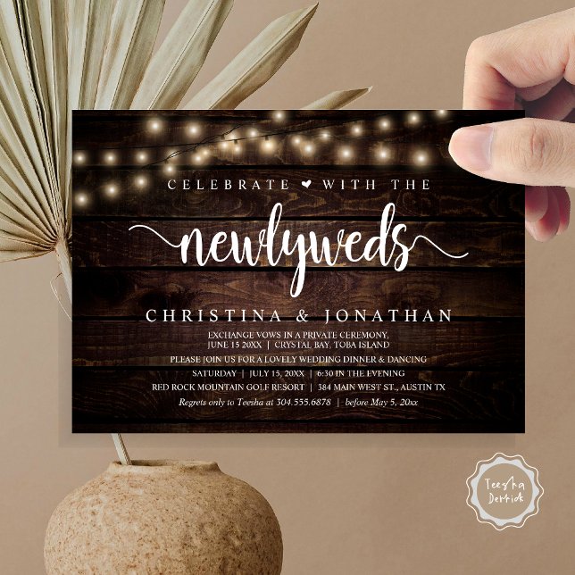 Firar med Newlyweds Rustic Bröllop middag Inbjudningar (Celebrate With The Newlyweds Rustic Wedding Dinner Invitation card, pdf, in cottage dark wood)