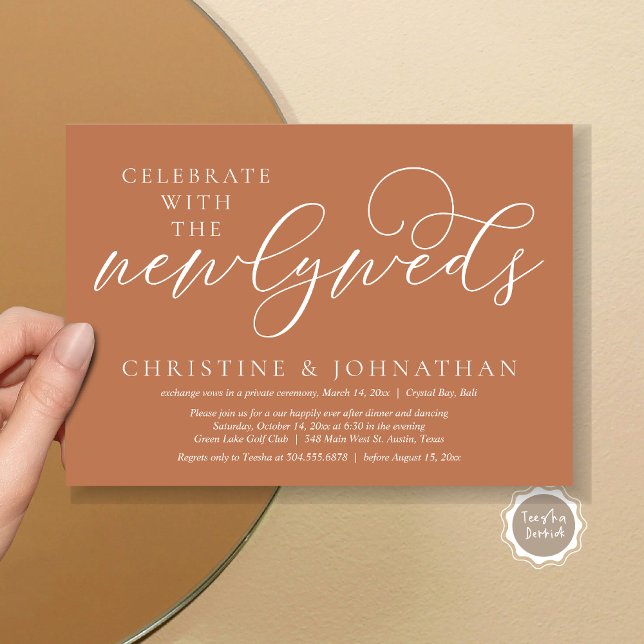 Firar med nylökarna, Bröllop Inbjudningar (Celebrate with the newlyweds, Wedding Dinner Invitation Card, PDF, Modern Romantic in Copper Brown)