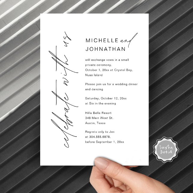 Firar med oss, Bröllop Elopement Dinner Party Inbjudningar (Celebrate with us, Wedding Elopement Dinner Party and Dancing Invitation Card,  Modern script.)
