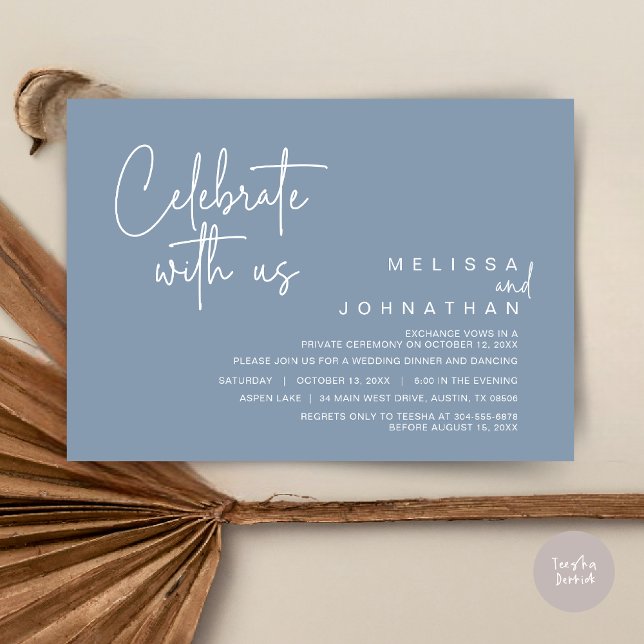 Firar med oss, Bröllop Elopement Dinner Party Inbjudningar (Celebrate With Us, Wedding Elopement Dinner Invitation Card, PDF, in Dusty Blue)