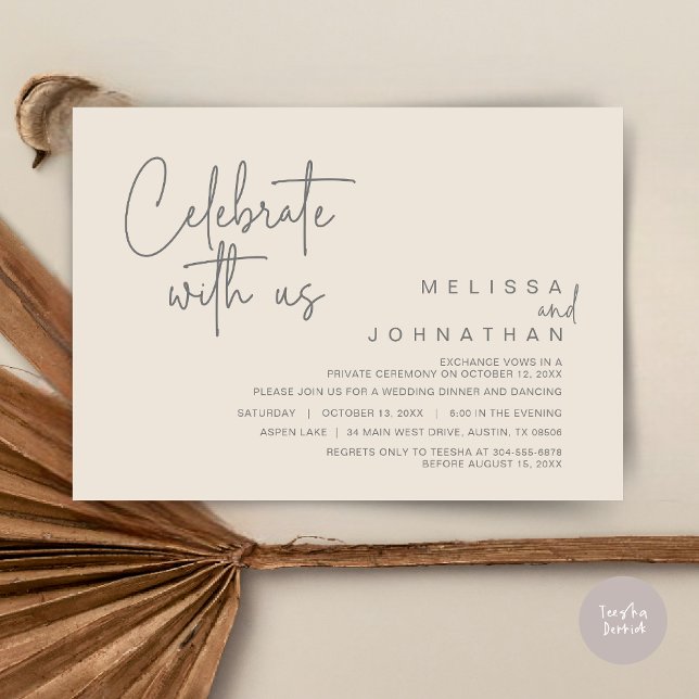 Firar med oss, Bröllop Elopement Dinner Party Inbjudningar (Celebrate With Us, Wedding Elopement Dinner Invitation Card, PDF, in Cream Grey)