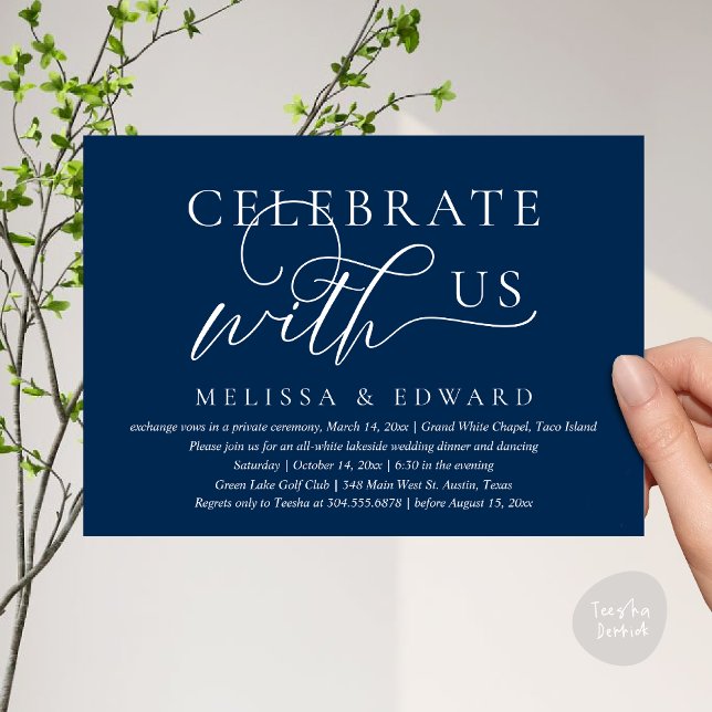 Firar med oss, Bröllop Elopement Dinner Party Inbjudningar (Celebrate with us, Wedding Elopement Dinner Party Lunch Brunch Invitation Card PDF Navy Blue)
