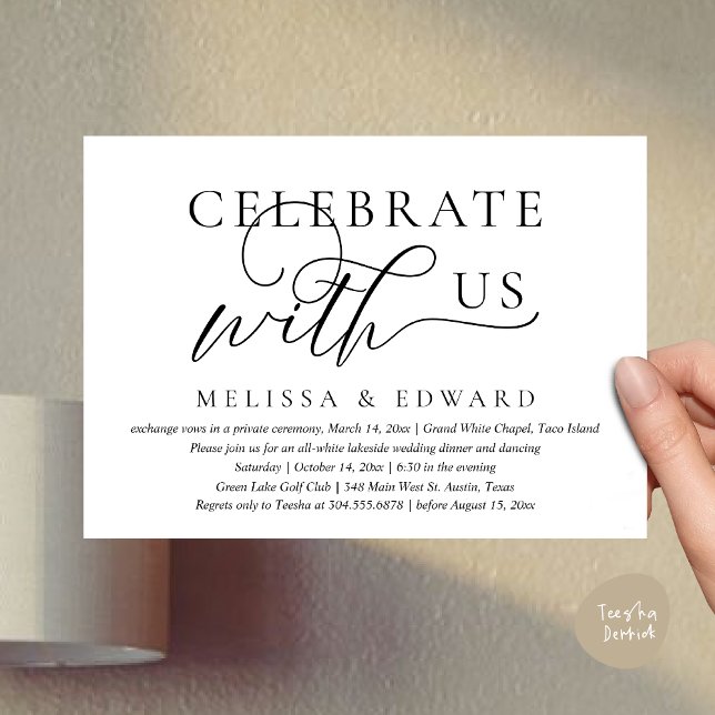 Firar med oss, Bröllop Elopement Dinner Party Inbjudningar (Celebrate with us, Wedding Elopement Dinner Party Lunch Brunch Invitation Card PDF Black White)