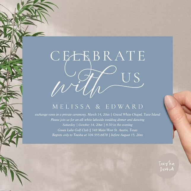 Firar med oss, Bröllop Elopement Dinner Party Inbjudningar (Celebrate with us, Wedding Elopement Dinner Party Lunch Brunch Invitation Card PDF Dusty Blue)