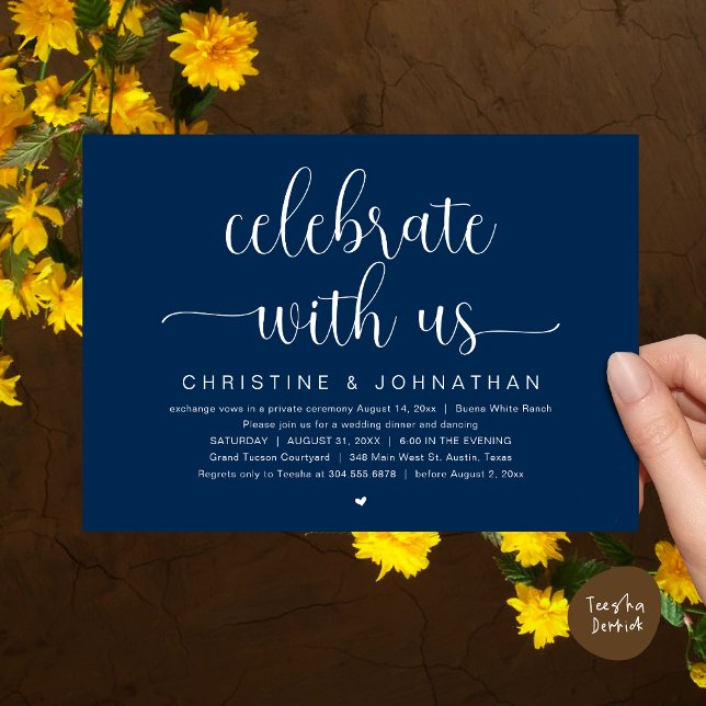 Firar med oss, Bröllop Elopement Dinner Party Inbjudningar (Celebrate with us, Wedding Elopement Dinner Party Dancing Invites Card, pdf, classy navy blue)