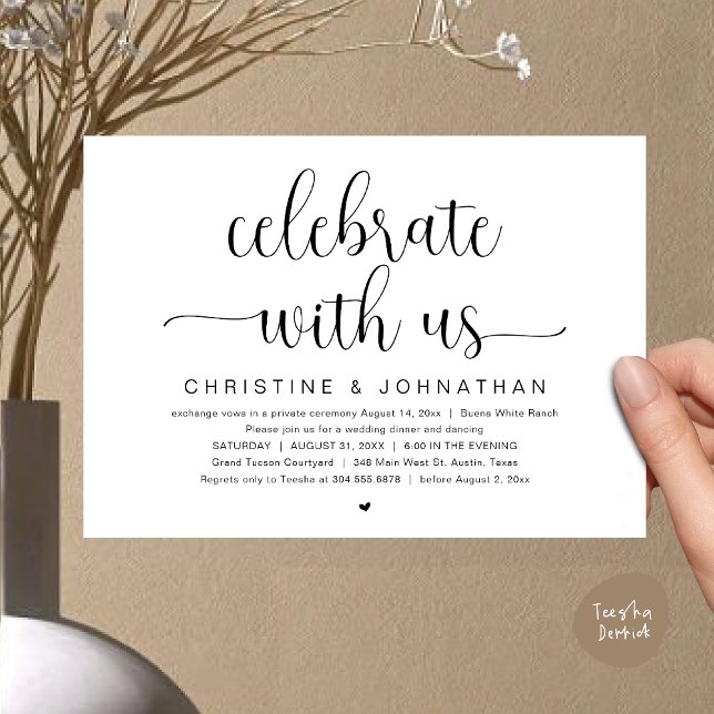 Firar med oss, Bröllop Elopement Dinner Party Inbjudningar (Celebrate with us, Wedding Elopement Dinner Party Dancing Invites Card, pdf, classy black white)