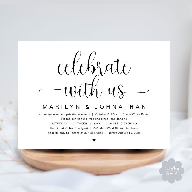 Firar med oss, Bröllop Elopement Dinner Party Inbjudningar (Celebrate with us, Wedding Elopement Dinner Party Dancing Invitation Card PDF White Black)
