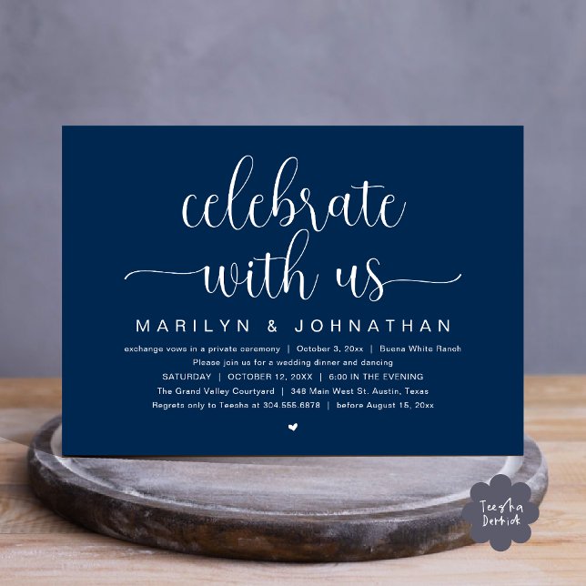 Firar med oss, Bröllop Elopement Dinner Party Inbjudningar (Celebrate with us, Wedding Elopement Dinner Party Dancing Invitation Card PDF Navy Blue)