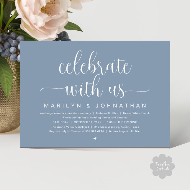 Firar med oss, Bröllop Elopement Dinner Party Inbjudningar (Celebrate with us, Wedding Elopement Dinner Party Dancing Invitation Card PDF Classy Dusty Blue)