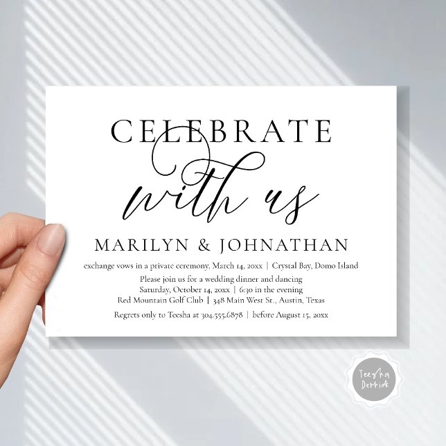Firar med oss, Bröllop Elopement Dinner Party Inbjudningar (Celebrate with us, Modern Wedding Elopement Dinner Invitation Card, PDF, Modern Romantic Black White)